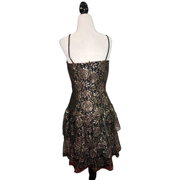 Black & Gold Ruffle Lace Prom Dress Strappy Sexy 80s Short Tiered - Picture 2 of 5